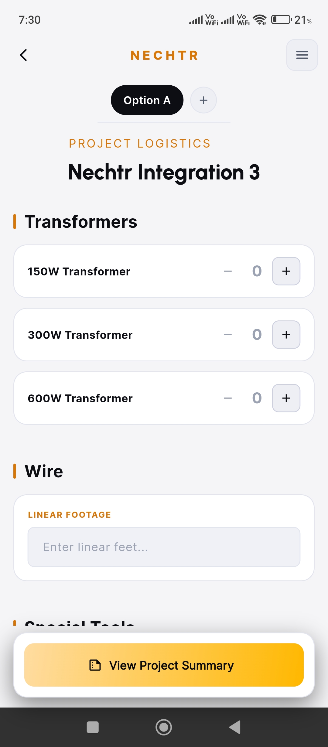 Nechtr — Capture screen: voice-logged fixture list, fully offline