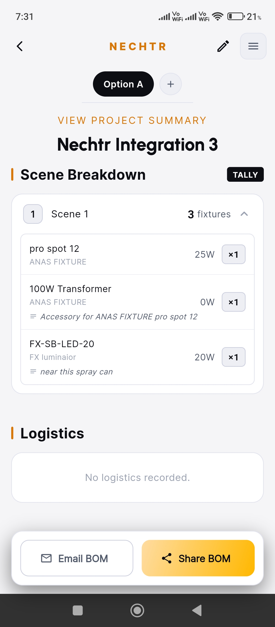 Nechtr — BOM / fixture detail screen