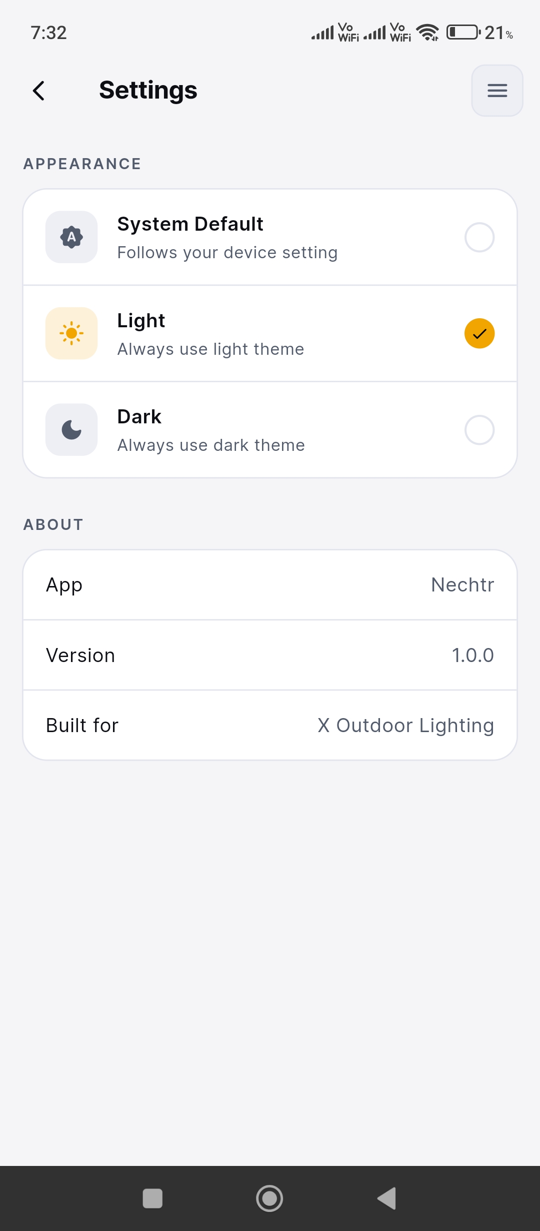 Nechtr — Settings / project list screen