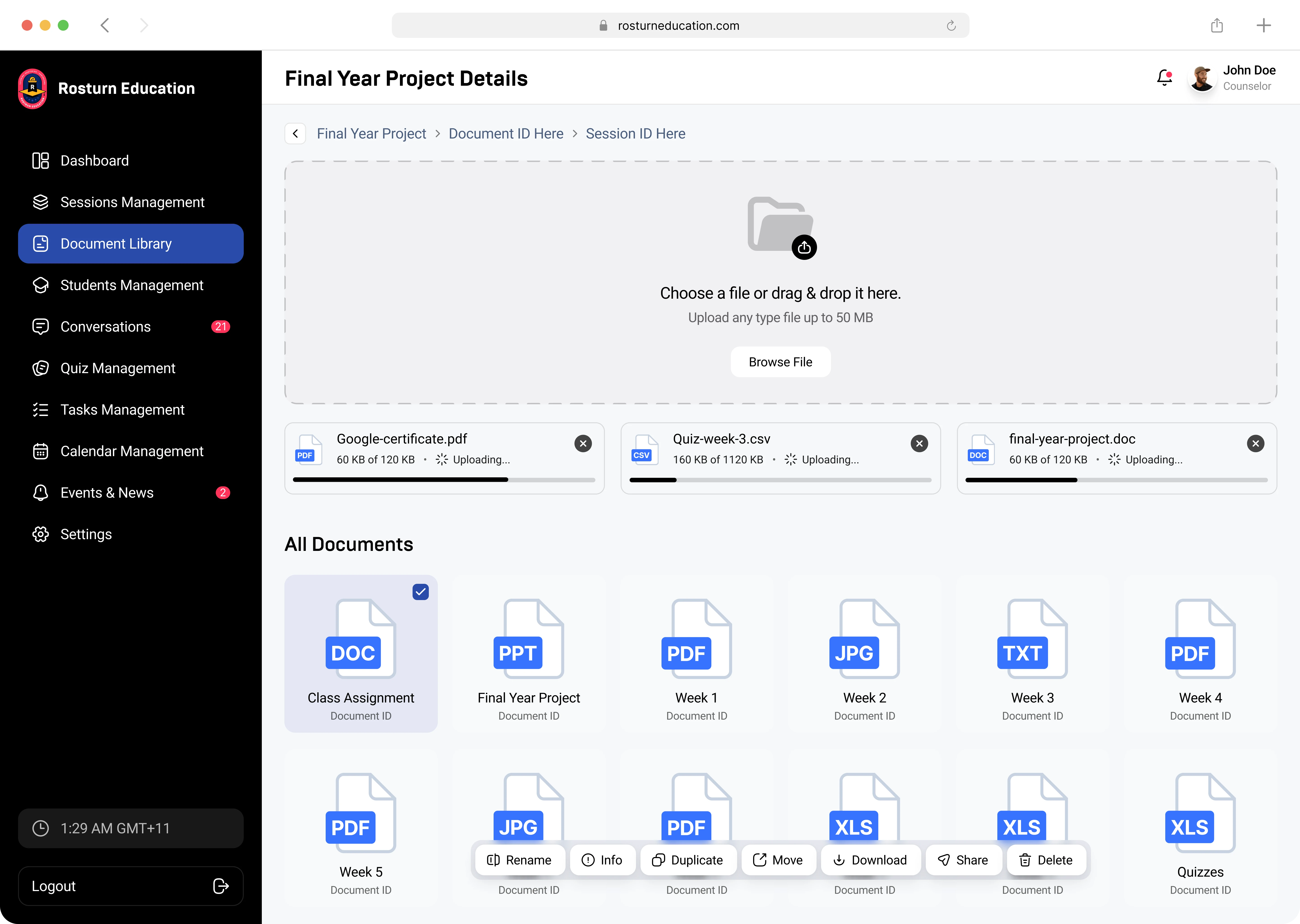 Rostrum — Counselor view: student list and 1-on-1 booking